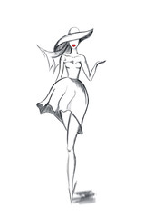 The Silhouette of  fashion girl. Light Sketch. She points to something  