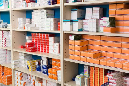Variety of pharmaceutical products and medicine in shelves