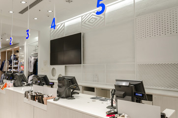 Counter with cash registers and monitors