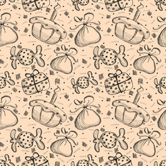 Seamless vector pattern with hand drawn gifts, cake, candy on the beige background. Series of Cartoon, Doodle, Sketch and Hand drawn Seamless Patterns.