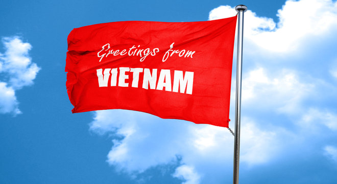 Greetings from vietnam, 3D rendering, a red waving flag