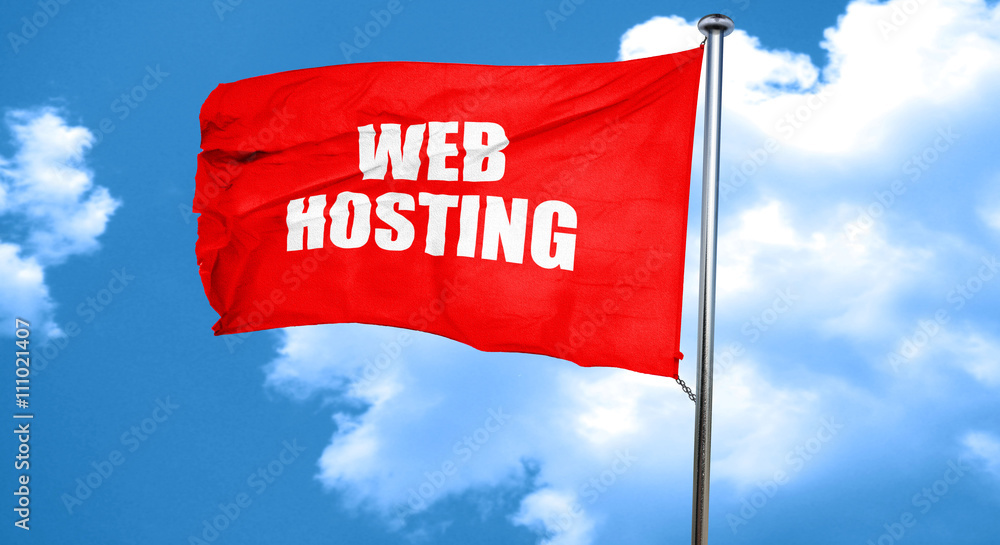 Poster web hosting, 3d rendering, a red waving flag