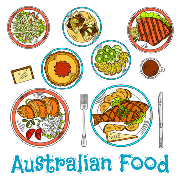 Authentic dishes of australian cuisine sketch