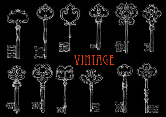 Chalk sketched antique skeleton keys on chalkboard