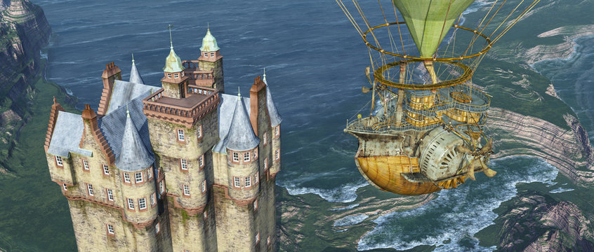 Scottish castle by the sea and fantasy airship