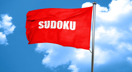 Sudoku, 3D rendering, a red waving flag