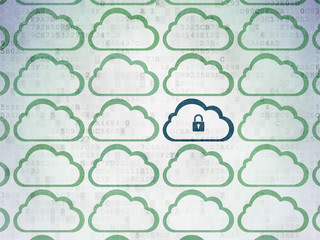 Cloud computing concept: cloud with padlock icon on Digital Data Paper background