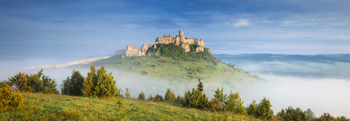 panorama with foggy forest and old castle