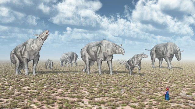 Gruppe von Paraceratheriums und Kleinkind