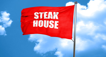 Delicious steak sign, 3D rendering, a red waving flag