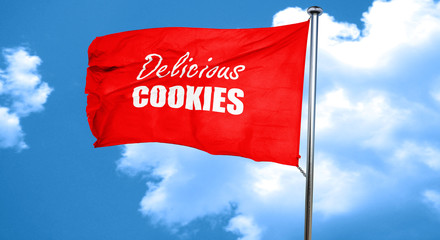 Delicious cookies sign, 3D rendering, a red waving flag