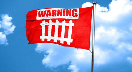 Railway warning sign, 3D rendering, a red waving flag