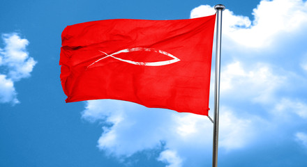 Christian fish symbol, 3D rendering, a red waving flag