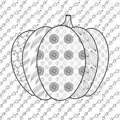 Pumkin adult coloring book page. Whimsical line art vector illustration. 