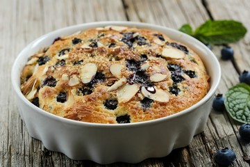 Blueberry pudding cake, selective focus