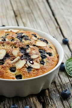 Blueberry pudding cake, selective focus