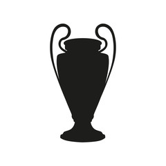 Black cup isolated on white background. Flat vector design element. UEFA Champions league vector cup isolated on white. Competition winner prize trophy. Football symbol icon. Black cup silhouette