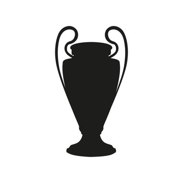 Black cup isolated on white background. Flat vector design element. UEFA Champions league vector cup isolated on white. Competition winner prize trophy. Football symbol icon. Black cup silhouette