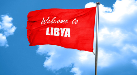 Welcome to libya, 3D rendering, a red waving flag