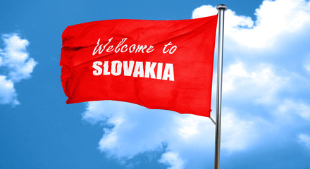 Welcome to slovakia, 3D rendering, a red waving flag