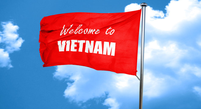 Welcome to vietnam, 3D rendering, a red waving flag