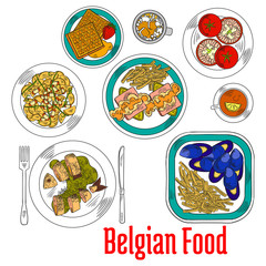 Colorful sketch dishes of native belgian cuisine