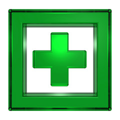 Green cross in the square isolated on white. 3D illustration.