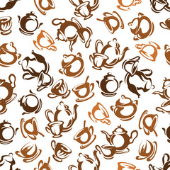 Brown and grey tea set seamless pattern background