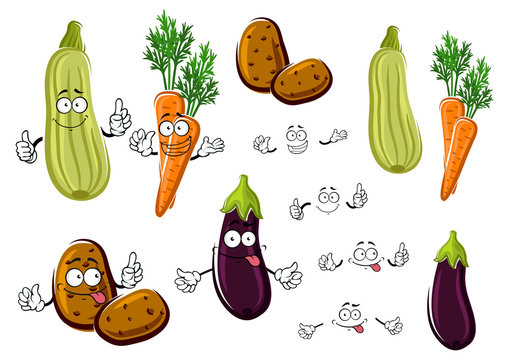 Cartoon eggplant, carrots, potatoes and zucchini