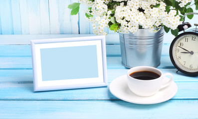 Photo frame flower garden wooden background gentle blue tone
