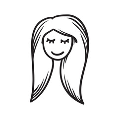 Woman face vector icon hand drawn doodle illustration black lines, girl eyes closed