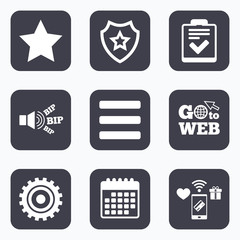 Star and menu list signs. Checklist, gear.