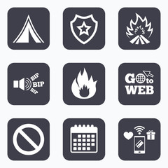 Tourist camping tent sign. Fire flame icons.