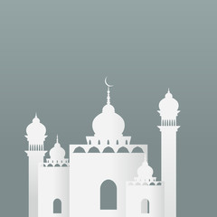 Mosque in Paper Style with Two Minarets and Four Domes Vector Illustration for Islamic Moments Like Ramadan and Eid
