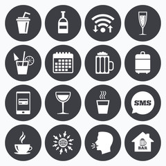 Coffee, tea icons. Alcohol drinks signs.