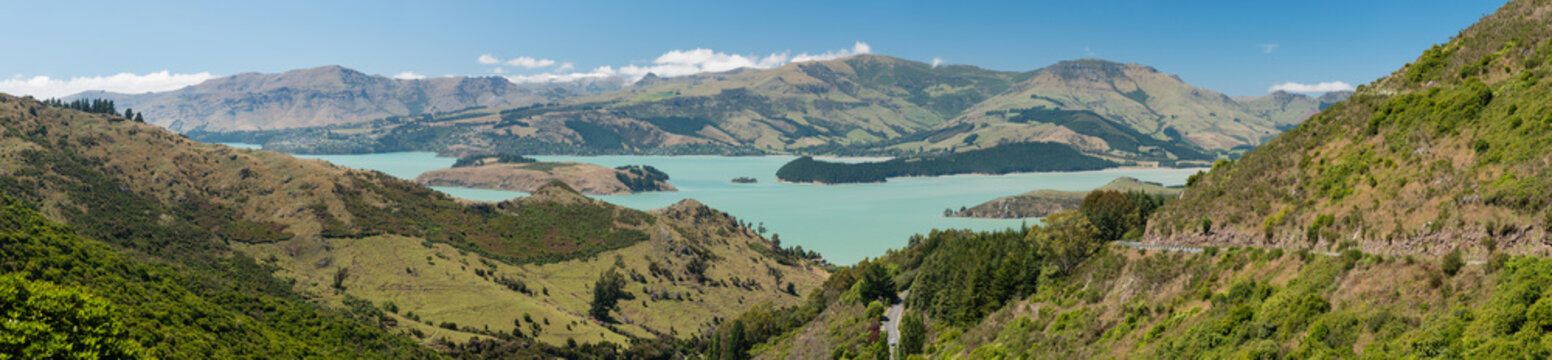 Panoramic view of the coastline around Governors Bay near Christchurch on South Island of New Zealand