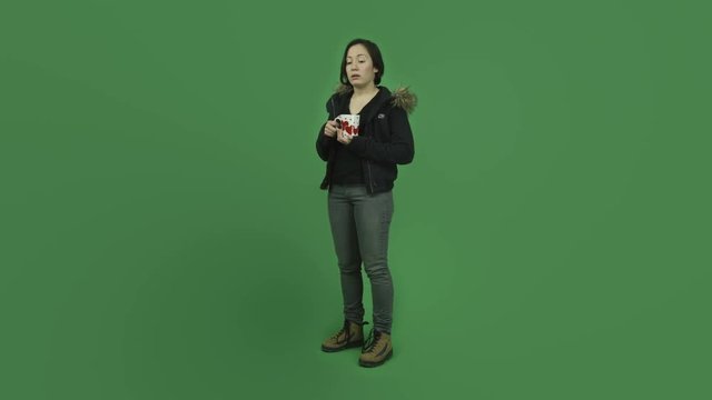 caucasian girl with winter jacket isolated on green screen depressed romance