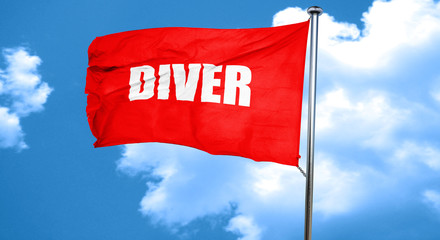 diver, 3D rendering, a red waving flag