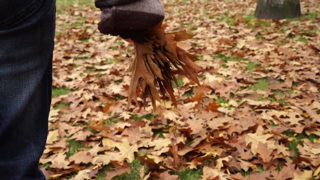 Woman with leaves in autumn forest steadicam 4K.