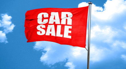 car sale, 3D rendering, a red waving flag