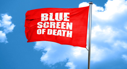 blue screen of death, 3D rendering, a red waving flag
