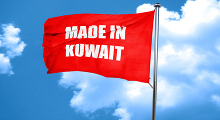 Made in kuwait, 3D rendering, a red waving flag