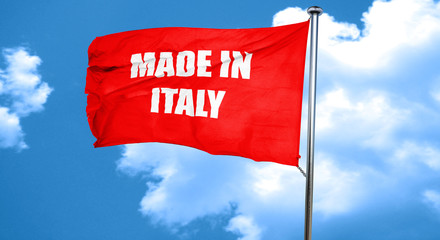Made in italy, 3D rendering, a red waving flag