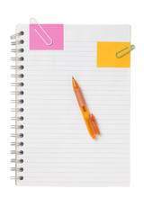 notebook, pen, paper clip and post it