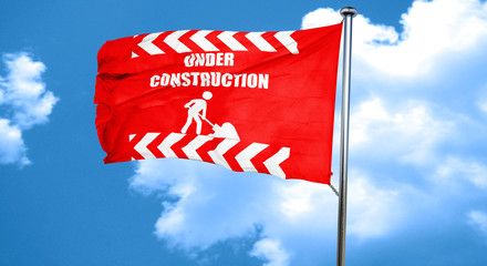 Under construction sign, 3D rendering, a red waving flag