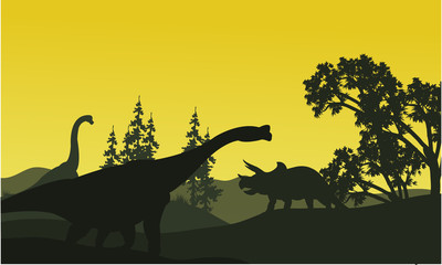 Fototapeta na wymiar At moorning triceratops and brachiosaurus silhouette in fields