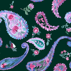 Watercolor Paisley Seamless Background. Cold Colors.
