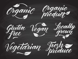 Hand drawn healthy food letterings stylized with chalk