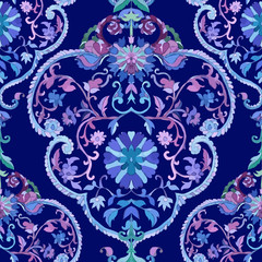 Watercolor Paisley Seamless Background. Cold Colors.