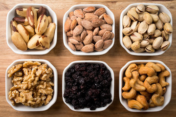 Variety o nuts and raisins